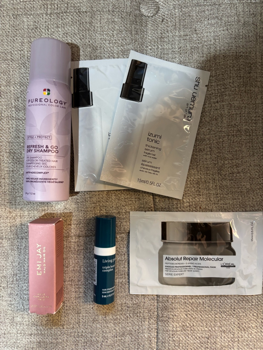 Hair Care Sample Bundle Emi Jay Pureology Living Proof Shu Uemura + Claw Clips